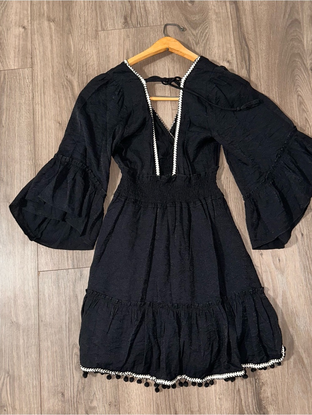 Flying Tomato Black Dress Mini Pom Pom Trim Bell Sleeves V-Neckline